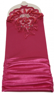 GIRLS LONG SATIN GLOVES FINGERLESS W/ APPLICATION & PEARLS (FUSHIA)